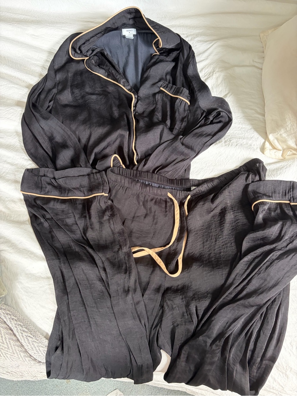 Forever 21 Black Pajama Set with Tan Piping